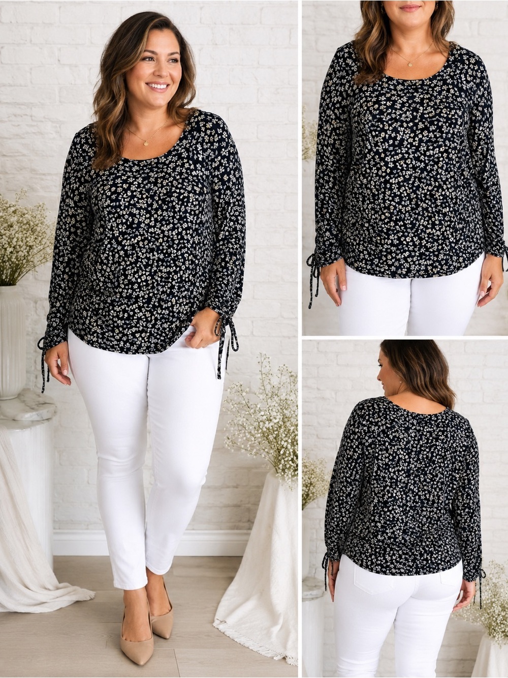 Lane Bryant NWT Floral Long Sleeve Side Tie Knit Top Size 14/16 Black White Plus